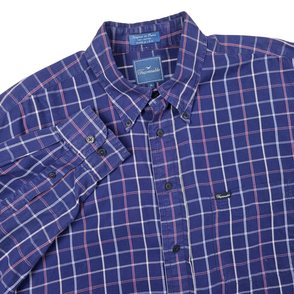 Faconnable Mens Navy Plaid Button Down Shirt‎ Long Sleeve XL Cotton Made in USA